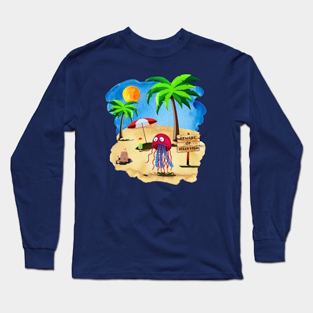 Jelly Fish Eating Icecream At The Beach Long Sleeve T-Shirt by Jim Mech's Designs